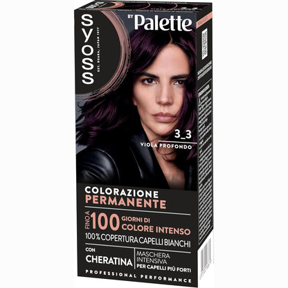 312375 - SYOSS Nga PALETTE Permanent Color 3-3 Deep Purple, ngjyrë e përhershme Flockësh me Keratinë, mbulim 100% të thinjave