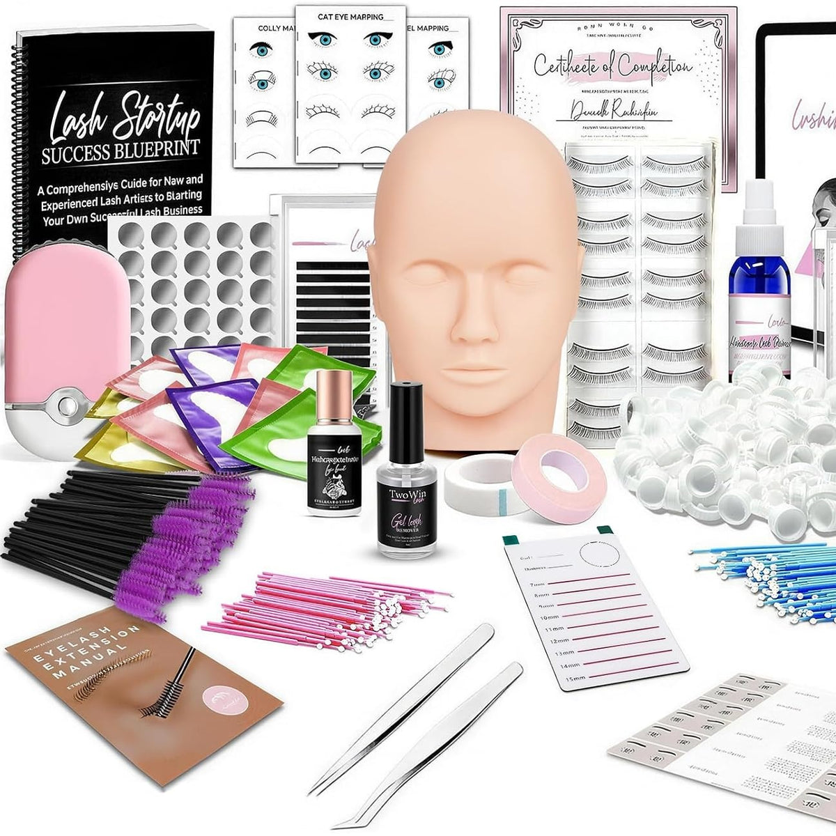 305978 - Set i plotë profesional për zgjatje qerpikësh - Përfshin manekin praktik realist, ventilator USB, piskatore, ngjitës - Set ideal për fillestarët dhe teknikët e qerpikëve