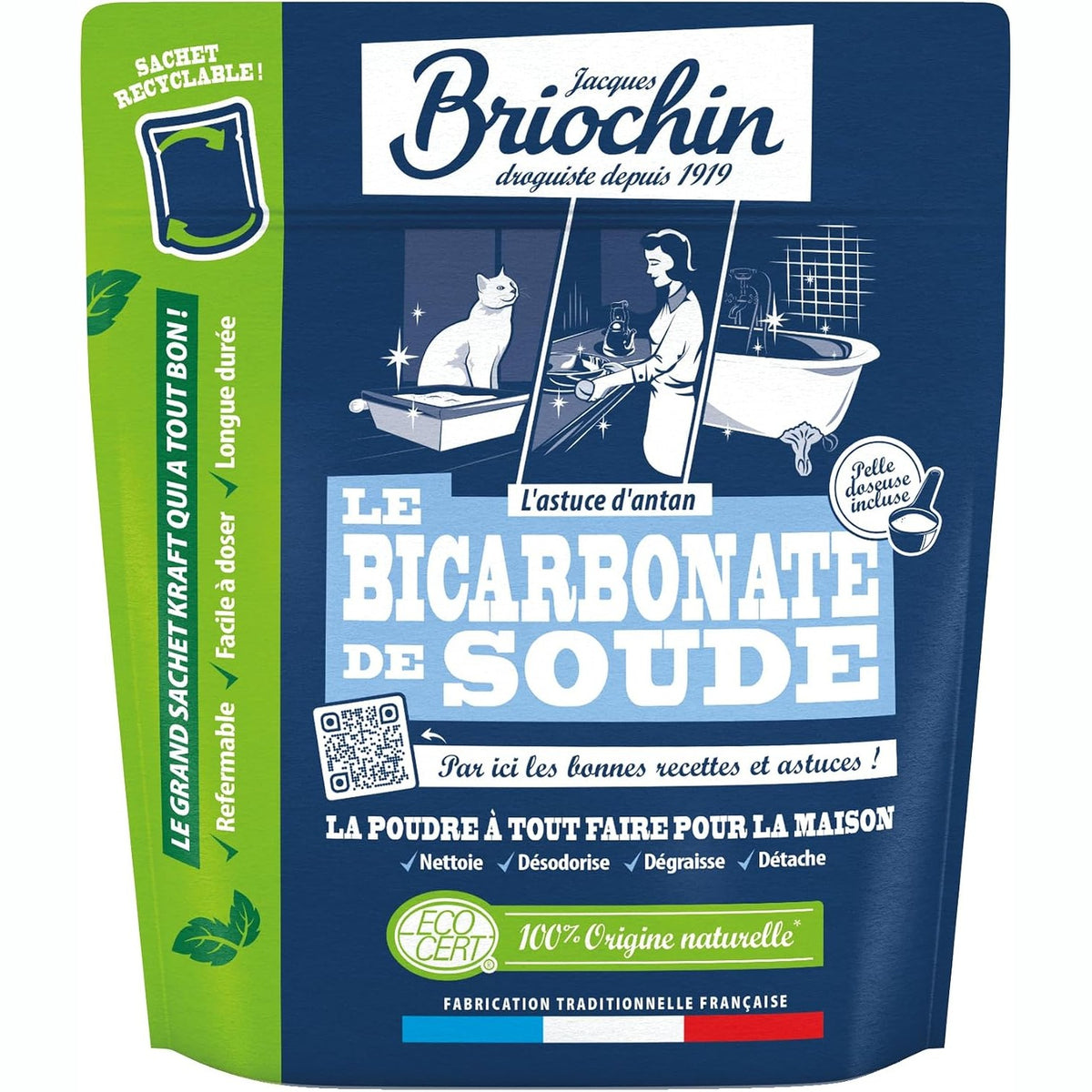 302621 - JACQUES BRIOCHIN Pluhur sode buke ECOCERT, 900g, pastrues natyral shumësipërfaqesh, eliminues aromash, qese e mbyllshme, paketimi mund të ndryshojë.