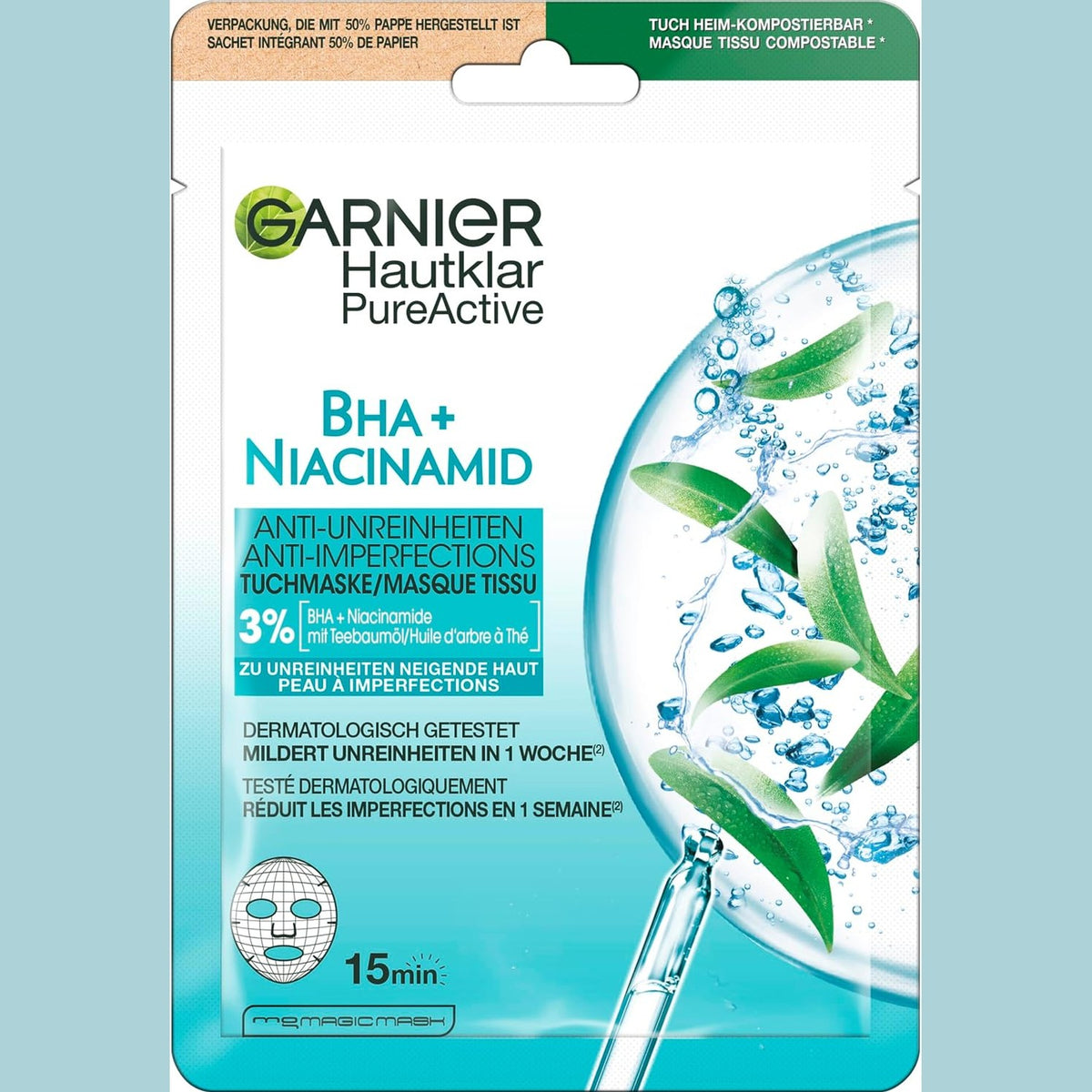 301467 - MASKË ME FLETË GARNIER PËR LËKURË TË YNDYRSHME, KUNDËR NJOLLAVE, FORMULË ME VAJ PEME ÇAJI DHE ACID SALICILIK, SKIN ACTIVE, 23G