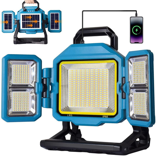 135155 - MASMEJOR Dritë LED e Rikarikueshme 300W, 30000LM, Kapacitet Baterie 25000mAh me Panel Diellor, Rrotullim 360°, 4 Mënyra të Ndriçimit, e Përshtatshme për Punë, Riparime, Ndërtim