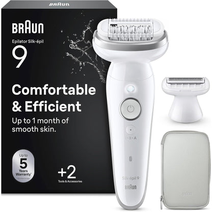 289415 - BRAUN Epilator Silk·épil 9 9-041, kokë rrotulluese, përdoret në lëkurë të thatë dhe të lagësht, përfshin aksesor epilimi dhe krehër prerës, argjendi