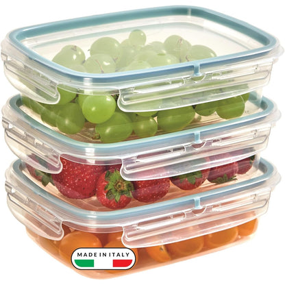 247943 - SNIPS Set me 3 enë ushqimi transparente 0.6L, kapak që ruan freskinë me 4 kyçje sigurie - Enë ushqimi 18.4x14x8 cm, e sigurt për frigorifer, mikrovalë dhe lavastovilje, e prodhuar në Itali