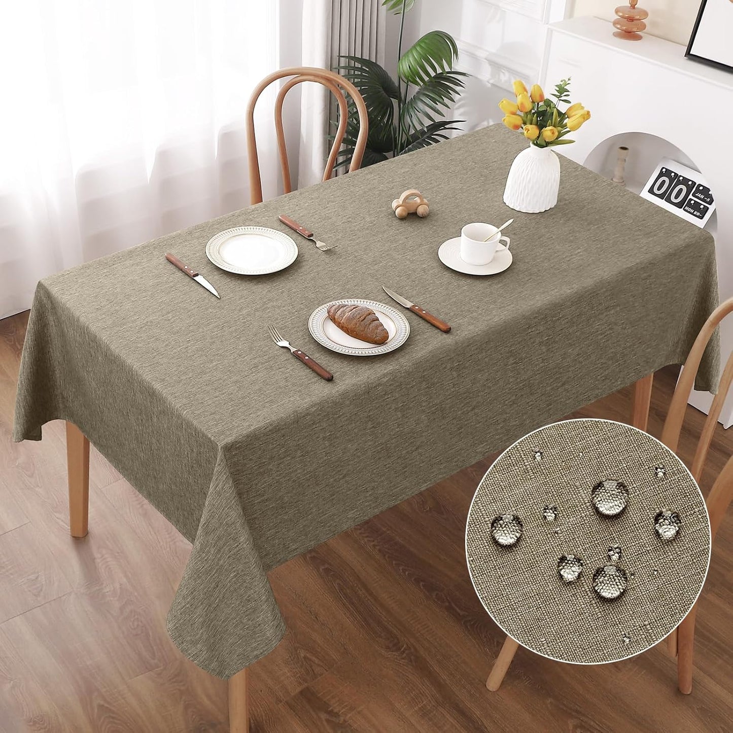 215092 - AOOHOME Mbulesë tavoline e larëshme, ngjyrë kafe, 140x240cm, mbulesë tavoline prej poliesteri, rezistente ndaj ujit