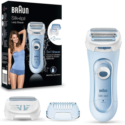 316511 - BRAUN Ladyshaver Silk-épil, Makinë rroje elektrike për femra, LS5160, Blu - Makinë rroje elektrike 3-në-1, sistem prerës dhe eksfolimi, e papërshkueshme nga uji, përfshin aksesorin e eksfolimit dhe aksesorin e prerësit