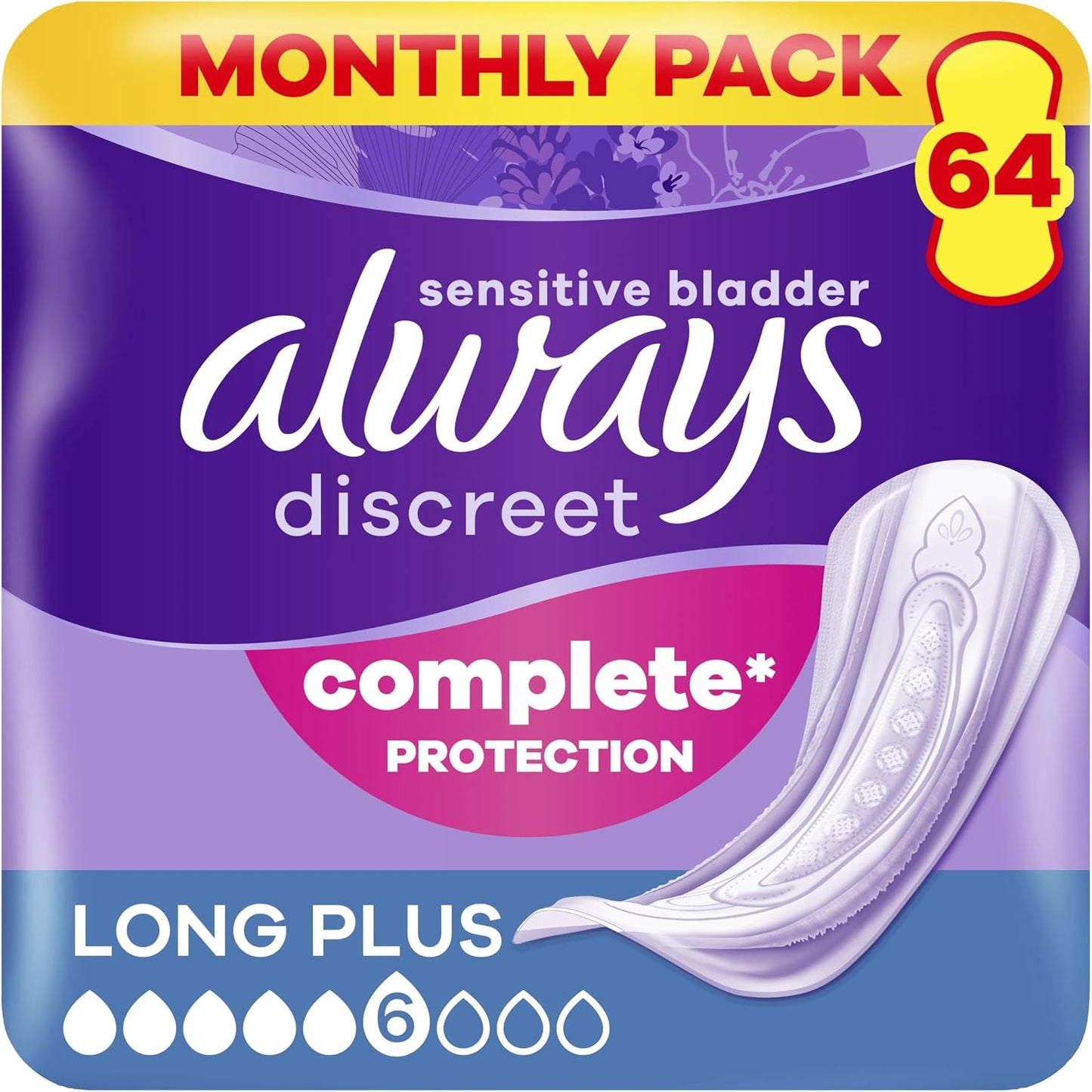289772 - ALWAYS PECETA për inkontinencë Discreet Long Plus, 64 copë, ekstra të sigurta dhe diskrete.