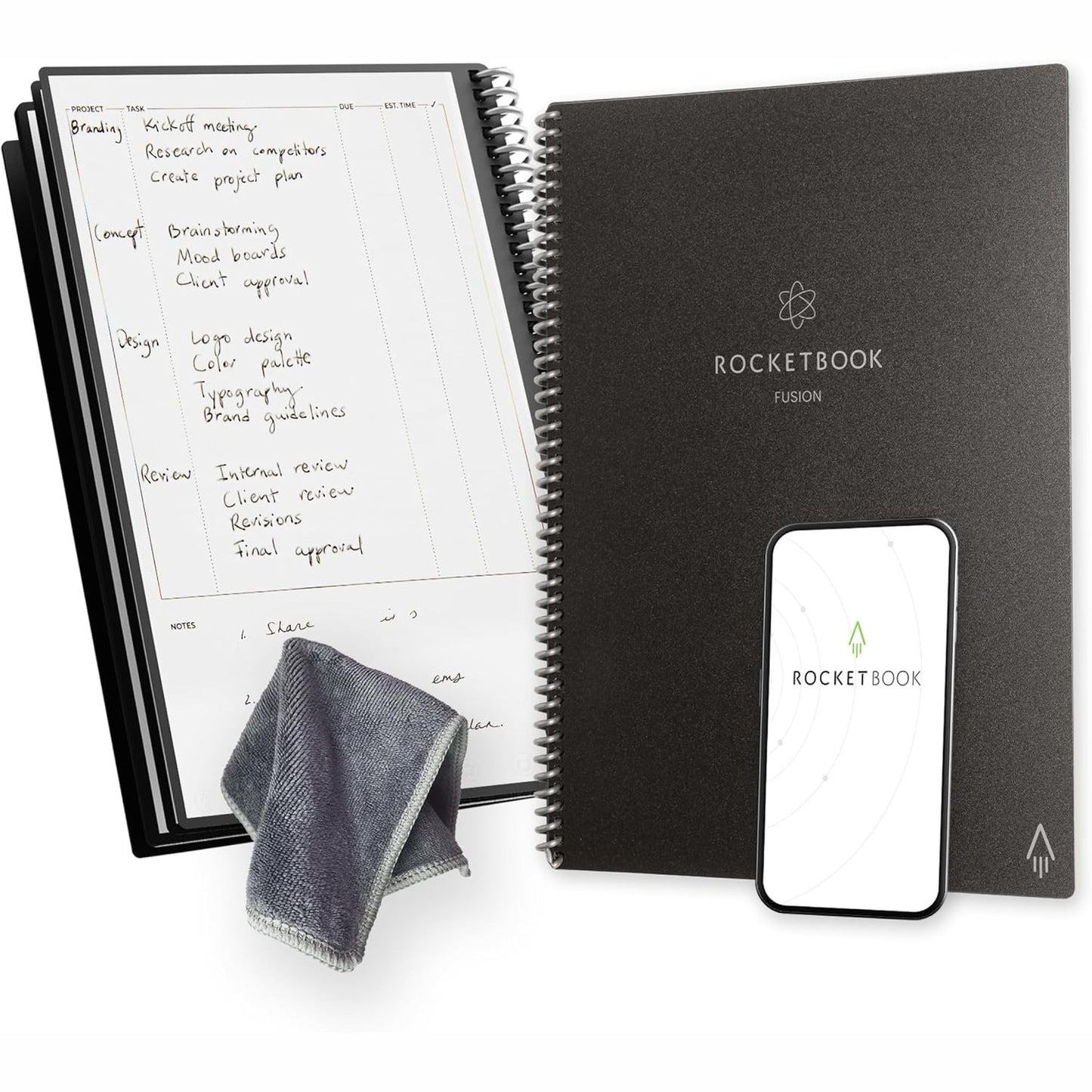 276533 - ROCKETBOOK Planifikues Produktiviteti i Ripërdorshëm Fusion pa Datë, Madhësia A4, 21 cm x 29.7 cm, E Zezë - Objektiva, Kalendar Mujor dhe Javor, Lista të Përditshme të Detyrave, Faqe me Vija dhe Pika