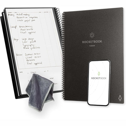 276533 - ROCKETBOOK Planifikues Produktiviteti i Ripërdorshëm Fusion pa Datë, Madhësia A4, 21 cm x 29.7 cm, E Zezë - Objektiva, Kalendar Mujor dhe Javor, Lista të Përditshme të Detyrave, Faqe me Vija dhe Pika