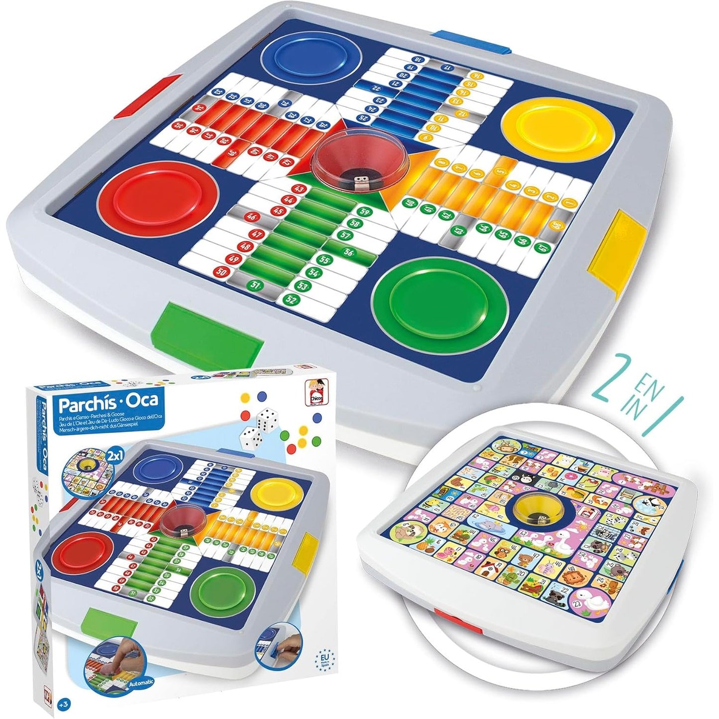 273552 - Chicos Lojëra Automatike Parchis dhe Oca | Lojëra Tavoline 2-në-1 | Set Lojërash Oca dhe Ludo | Lojëra Tavoline Familjare (64001)