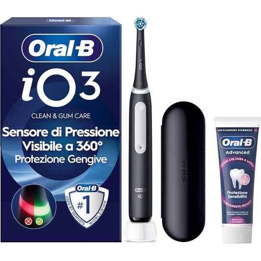 315312 - Furçë dhëmbësh elektrike iO 3 e zezë, 1 kokë zëvendësuese, çantë udhëtimi, pastë dhëmbësh Oral-B Advanced Sensitive