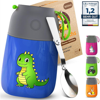 222803 - FUNKELFUCHS Termos Ushqimi për Fëmijë, 500ml, Blu Dino, 100% i papërshkueshëm nga uji, Enë Ushqimi e Izoluar prej Çeliku Inoks