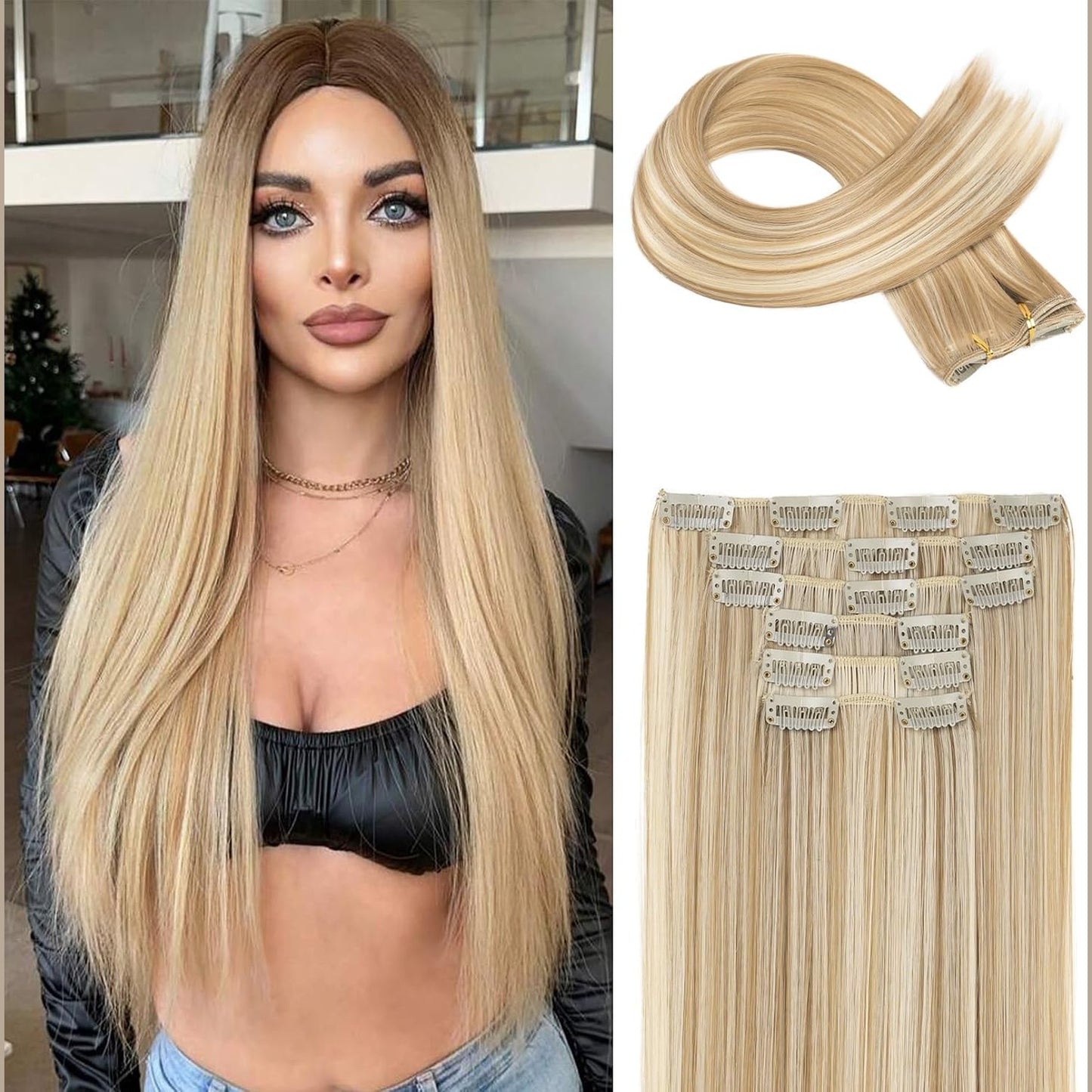 317744 - FLUFYMOOZ Zgjatje flokësh me 6 copë, 61 cm, të drejta, të gjata, flokë sintetike, bjonde e errët me njolla të holla