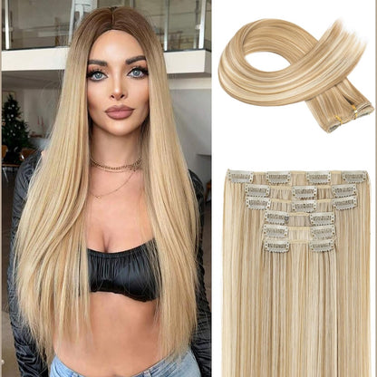 317744 - FLUFYMOOZ Zgjatje flokësh me 6 copë, 61 cm, të drejta, të gjata, flokë sintetike, bjonde e errët me njolla të holla