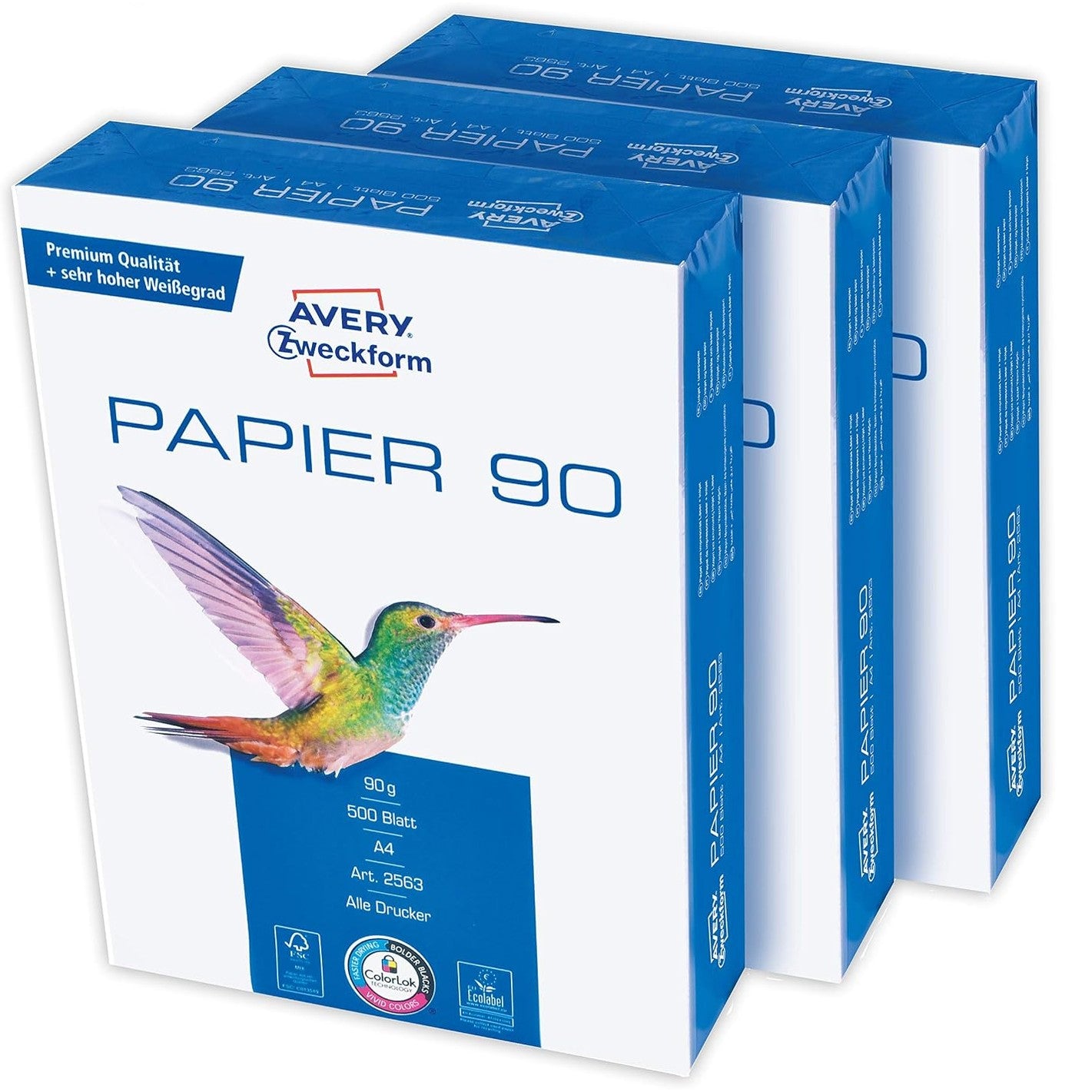 276626 - AVERY Zweckform Letër për Printer/Fotokopjues 2563, 1,500 fletë, 90 g/m², DIN A4, e bardhë e ndezur, 1 kuti me 3 pako