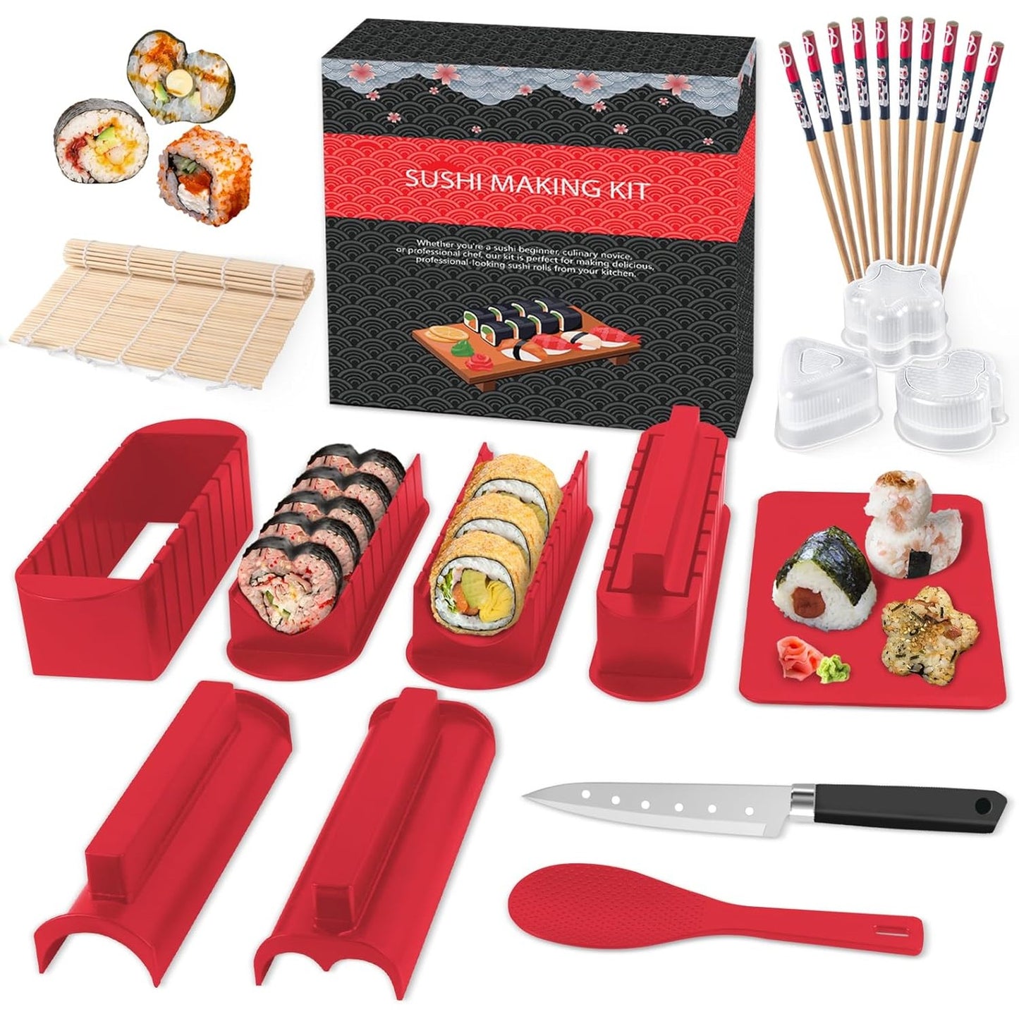 167950 - SKYSER Set për Sushi për Fillestarë, Kit me 20 Pjesë, Përfshirë Forma për Rrotullimin e Orizit, Pirun, Thikë, Dyshek Rrotullues, Shkopinj, në Ngjyrë të Kuqe