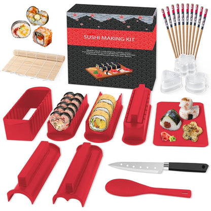 167950 - SKYSER Set për Sushi për Fillestarë, Kit me 20 Pjesë, Përfshirë Forma për Rrotullimin e Orizit, Pirun, Thikë, Dyshek Rrotullues, Shkopinj, në Ngjyrë të Kuqe