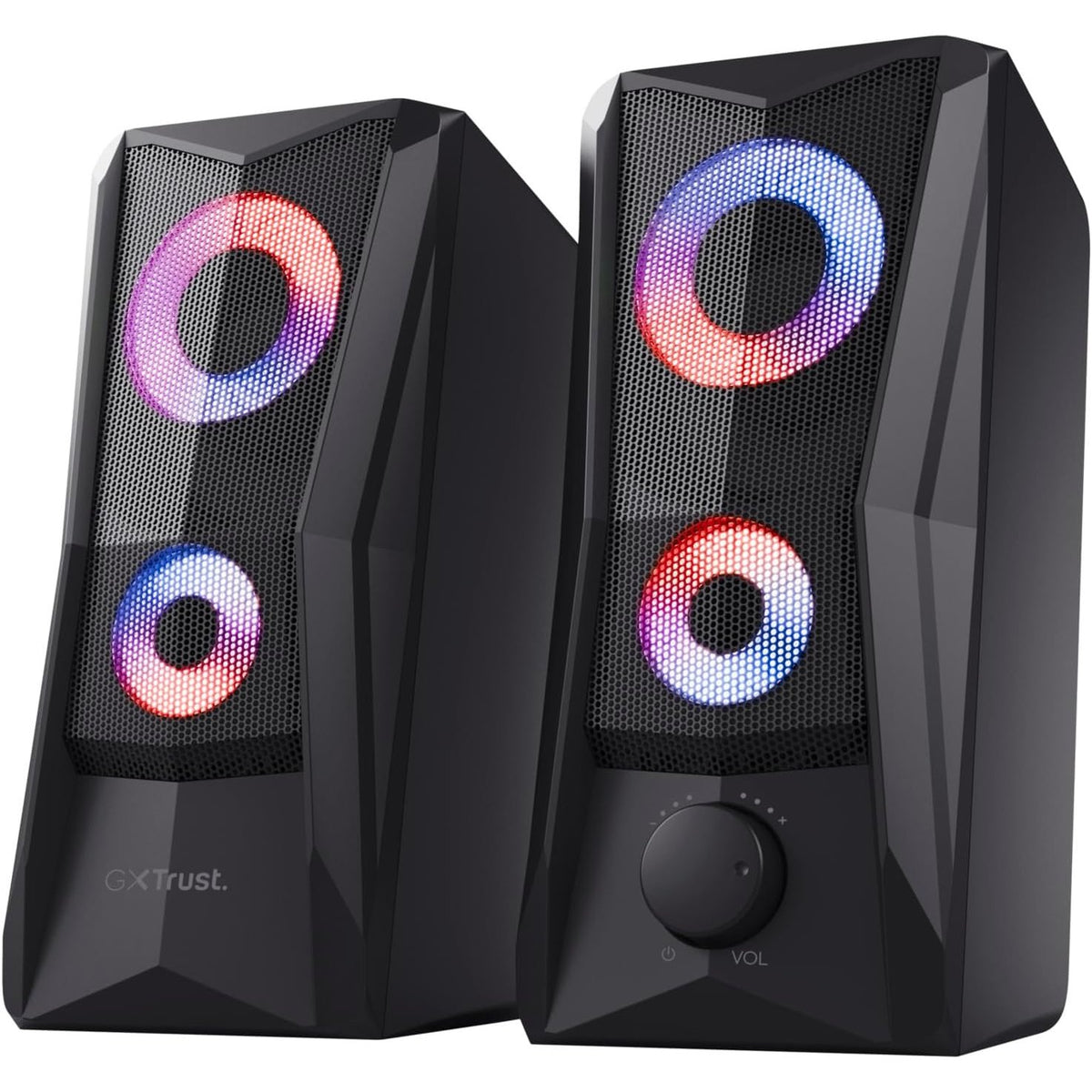 319972 - TRUST ALTOPARLANT PËR PC LOJËRA GXT 606B JAVV 2.0 ME NDRIÇIM RGB LED, 12W (6W RMS), FUQI USB, JACK 3.5 MM, SISTEM ALTOPARLANTËSH KOMPAKT, I ZI