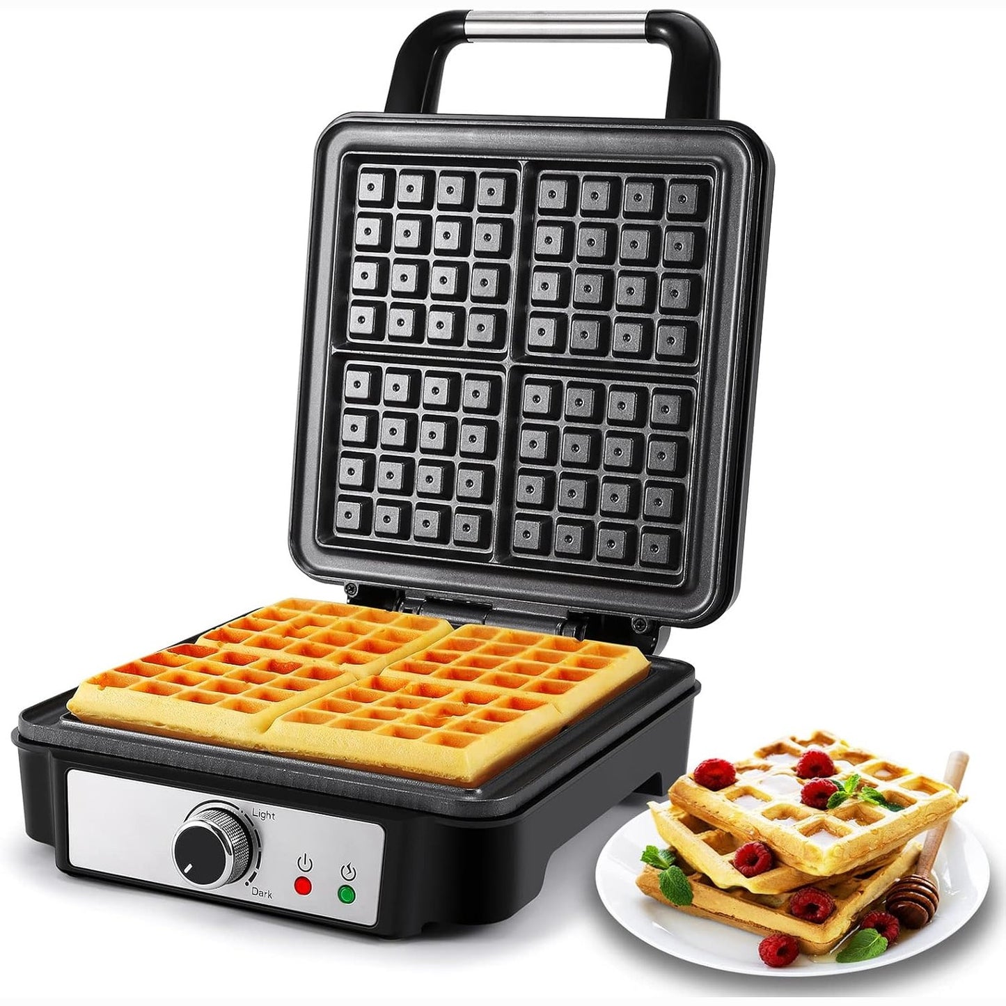 162395 - YASHE - Makinë për Vaflet Katrore me 4 Feta, 5 Nivele Skuqjeje, Dritë Treguese, Rezistente ndaj Derdhjeve, Shtresë Jo-ngjitëse, Fuqi 1200W, Ngjyra Argjendi/Zezë