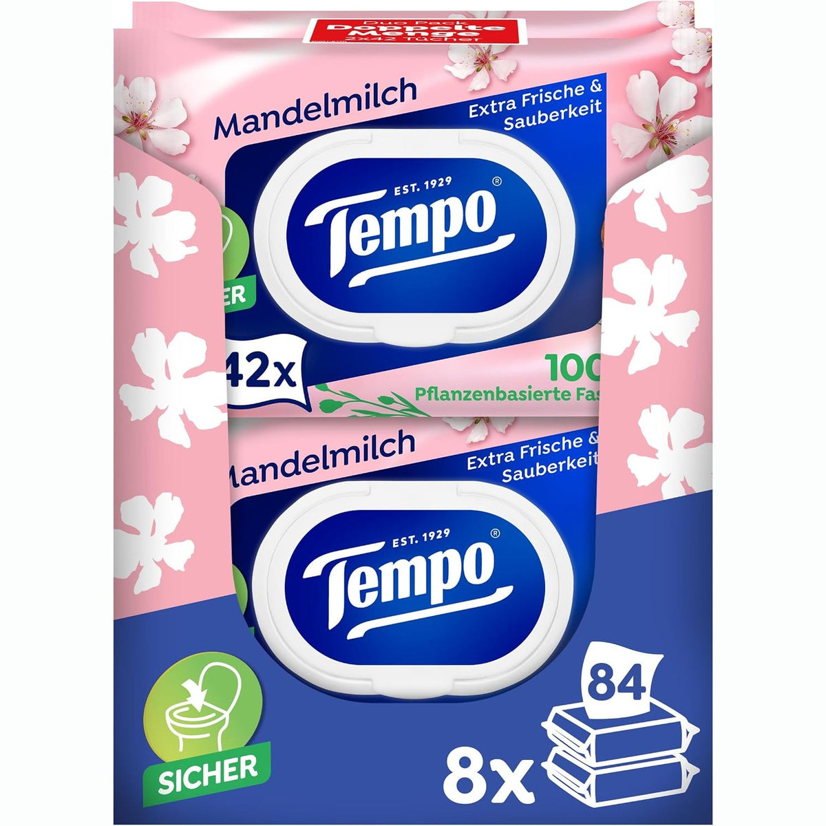 298196 - TEMPO Letër higjienike e lagësht me qumësht bajamesh dhe pantenol, pako me 16 copë (8 x 2 x 42 copë)