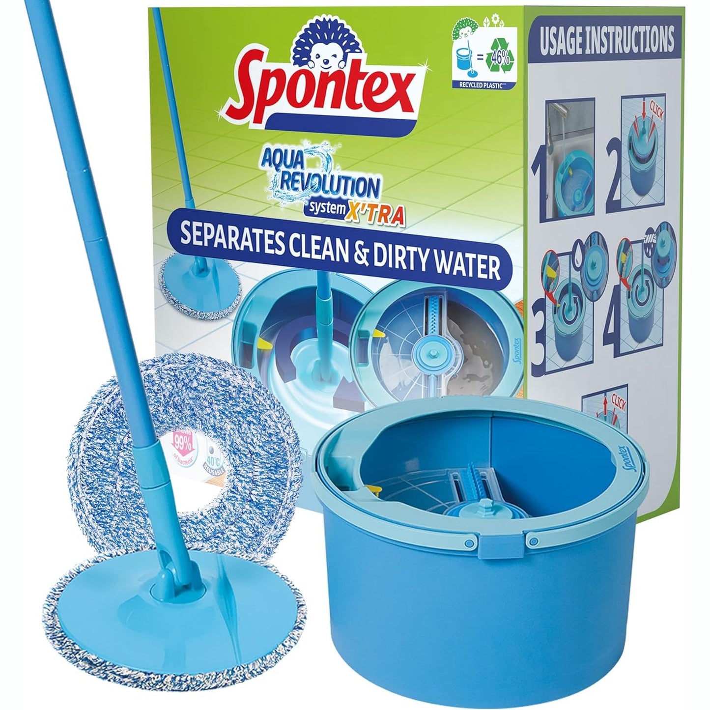199311 - SPONTEX Kit për Mop dhe Kovë 'Aqua Revolution X'tra' me Sistem ndarjeje të Ujit të Pastër dhe të Ndotur, Mop Rrotullues dhe 2 Mbushje Kokë Mopi me Material Mikrofibër