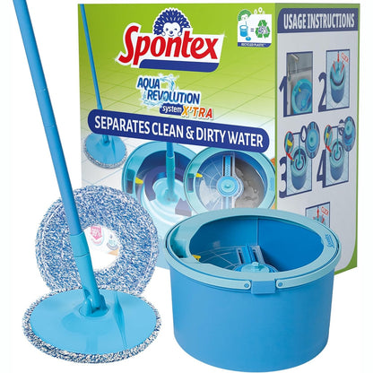 199311 - SPONTEX Kit për Mop dhe Kovë 'Aqua Revolution X'tra' me Sistem ndarjeje të Ujit të Pastër dhe të Ndotur, Mop Rrotullues dhe 2 Mbushje Kokë Mopi me Material Mikrofibër