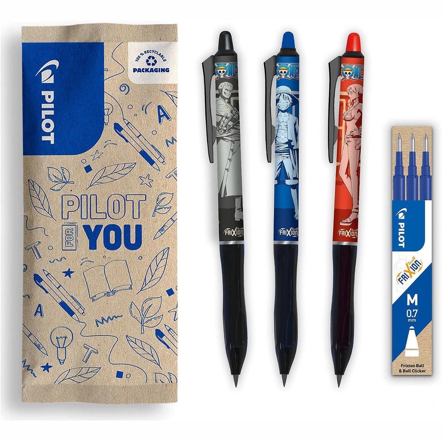 269026 - PILOT - Set me 3 Frixion Ball Plus, të zeza, blu, të kuqe + 1 set me 3 mbushje blu + 4 ngjitëse - Edicion i kufizuar me një copë - Majë mesatare