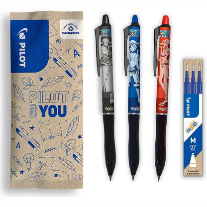 269026 - PILOT - Set me 3 Frixion Ball Plus, të zeza, blu, të kuqe + 1 set me 3 mbushje blu + 4 ngjitëse - Edicion i kufizuar me një copë - Majë mesatare