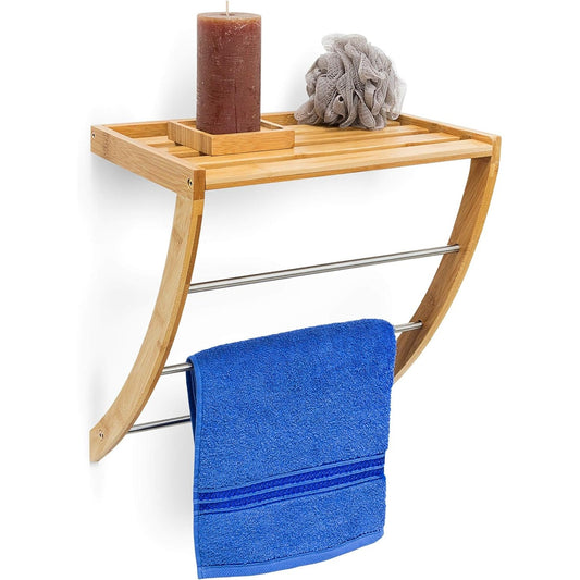 210123 - RELAXDAYS Raft Peshqirësh i Montuar në Mur me 3 Shufra Peshqirësh, Madhësia: 40 x 38 x 24.5 cm, Materiali: Dru, Ngjyra: Kafe Natyrale