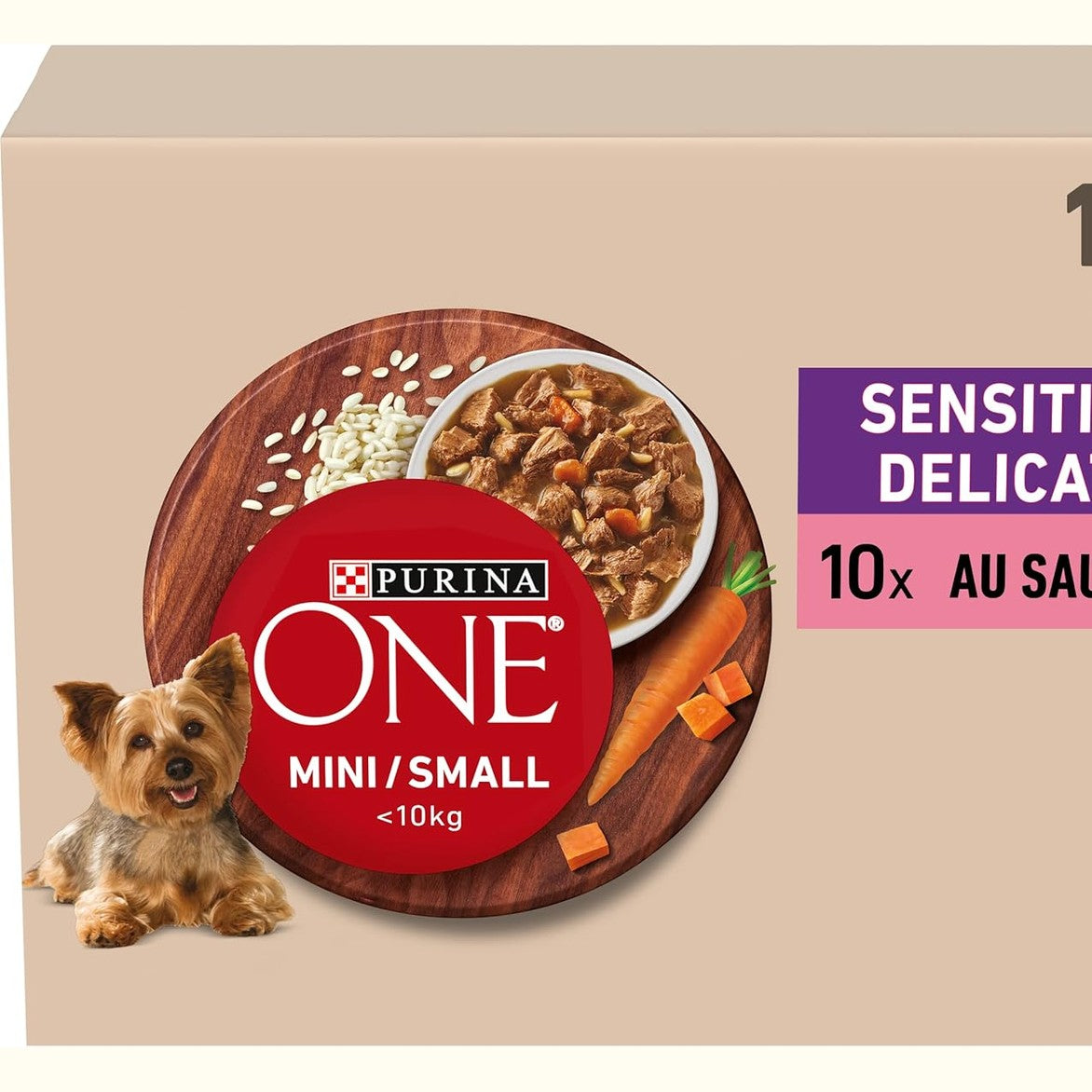258350 - PURINA ONE Mini/E vogla <10 kg Ndjeshme/Delikate, Effilés au Saumon, au Riz et aux Carottes en Sauce - 10x85g