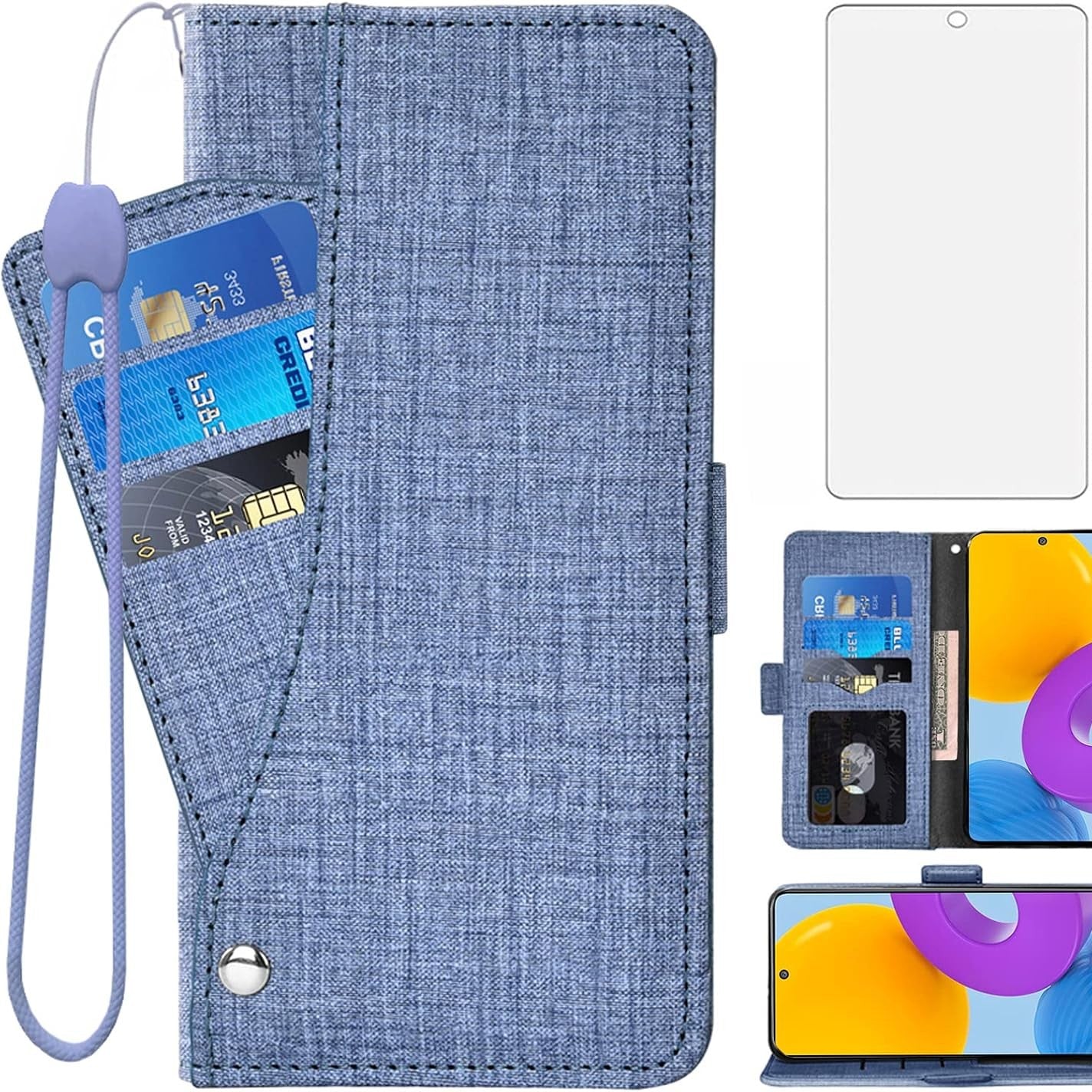 273998 - ASUWISH Mbrojtëse për Samsung Galaxy M52 5G, prej xhami të temperuar, me mbulesë lëkure të palosshme, mbajtëse kartash, mbulesë e fortë për telefonin, për femra dhe burra.