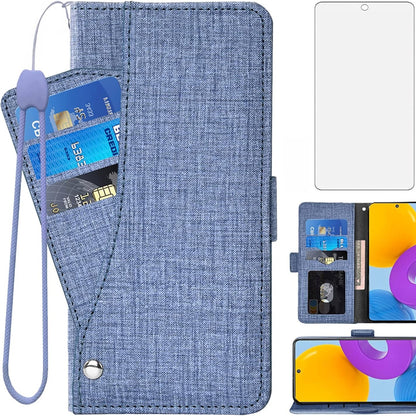 273998 - ASUWISH Mbrojtëse për Samsung Galaxy M52 5G, prej xhami të temperuar, me mbulesë lëkure të palosshme, mbajtëse kartash, mbulesë e fortë për telefonin, për femra dhe burra.