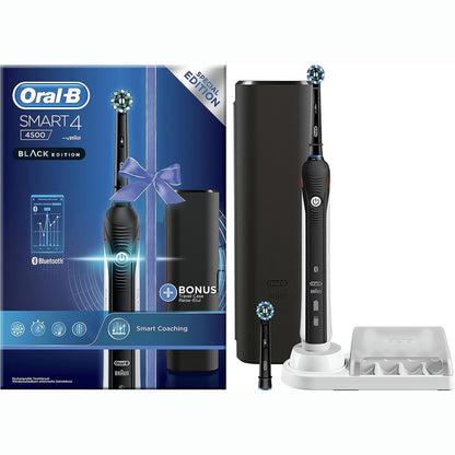 315227 - rçë dhëmbësh elektrike Smart 4 me dorezë të rikarikueshme, teknologji Braun, 2 koka furçe zëvendësuese, lidhje Bluetooth dhe çantë udhëtimi, 4500N - e zezë