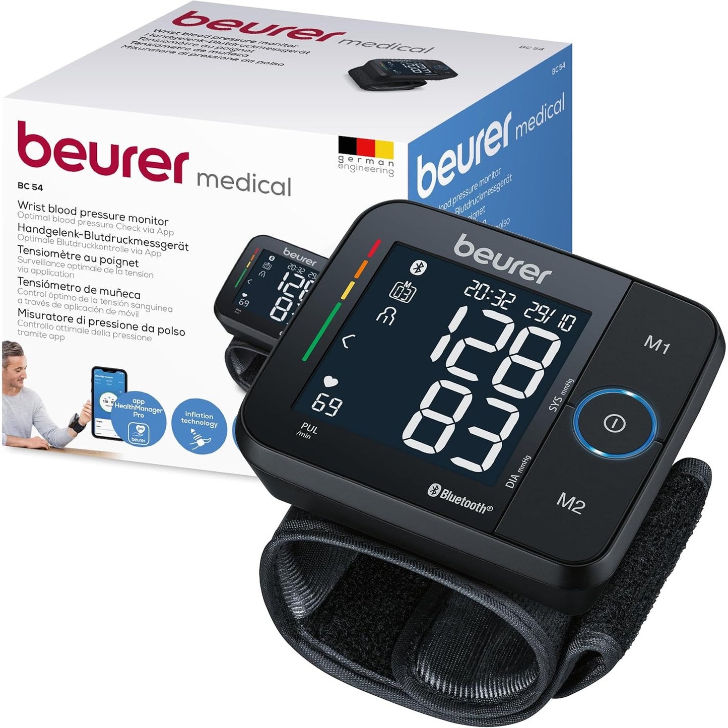 275042 - BEURER Monitor tensioni i gjakut BC 54, për kyçin e dorës, perimetër kyçi 13.5-21.5 cm, me teknologji fryrjeje, tregues rreziku me ngjyra, zbulim të aritmisë, aplikacion, transferim të dhënash në Apple Health.