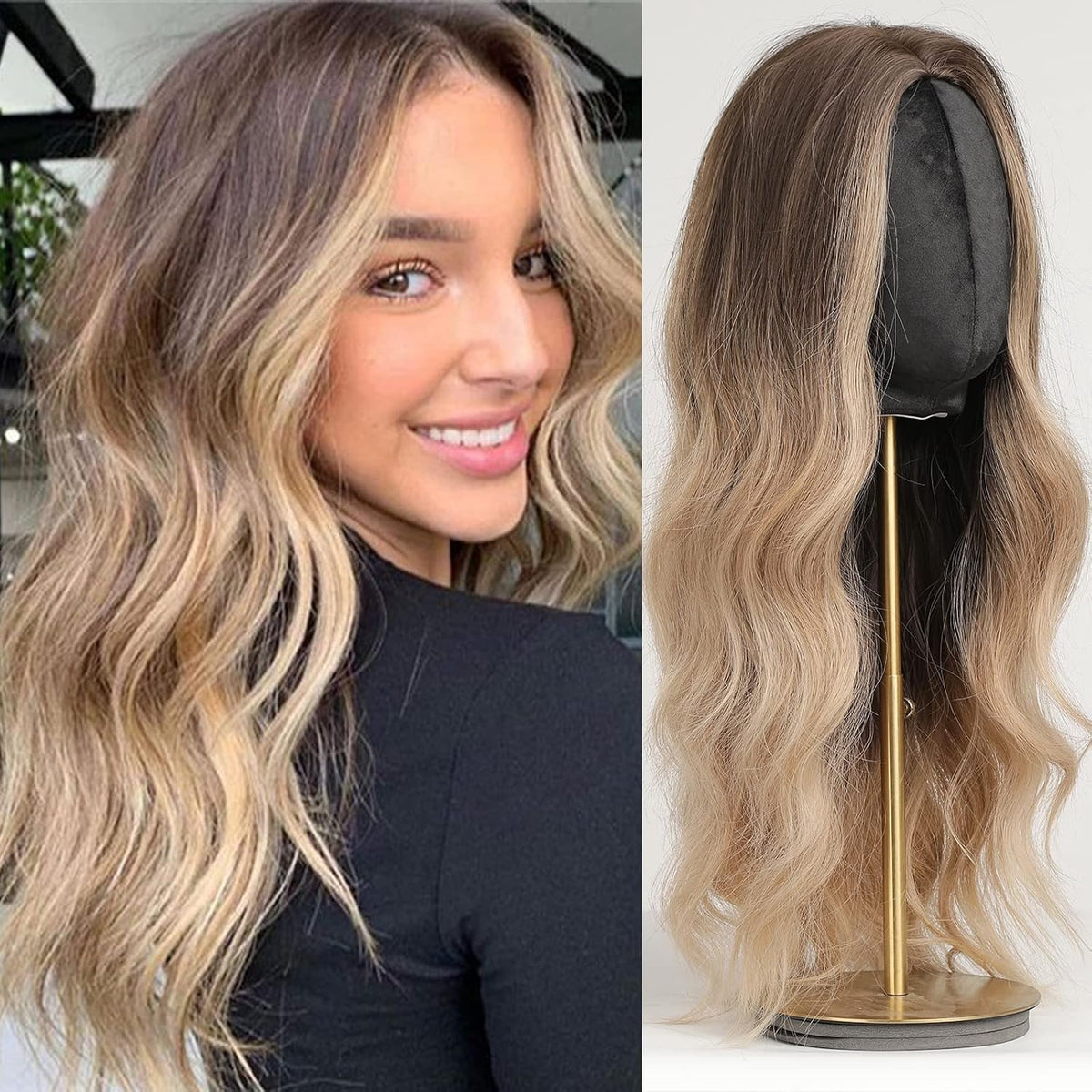 336027 - HAIRCUBE Paruke të gjata kafe në bjonde për femra, paruke sintetike kaçurrele Ombre me ndarje në qendër