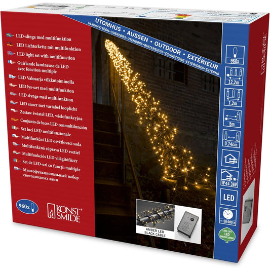 208085 - KONSTSMIDE Drita Vargu nga LED Mikroso, 960 Dioda Ngjyrë Qelibar, me 8 Funksione dhe Kontrollues, Funksion Memorjeje, Transformator 36V i Jashtëm, Kabllo e Zezë - Modeli 3863-800