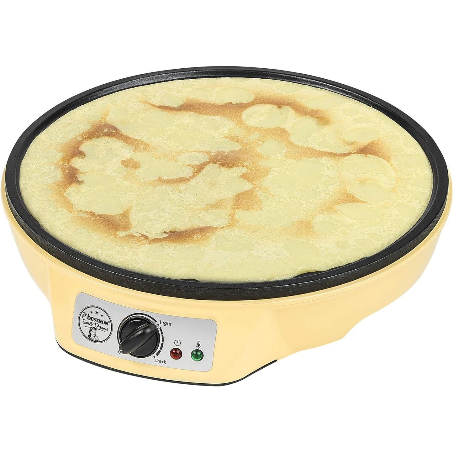 162461 - BESTRON - Makinë për Krepa në Dizajn Retro 30cm, me Shpërndarës Brumi dhe Kthyes Krepash, Shtresë Jo-ngjitëse, Fuqi 1000Vat, Ngjyra e Verdhe