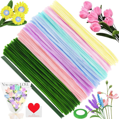 253370 - TAIMEIMAO Set Artizanal me Lule Pastruese Pipe Tulipash, 200 pjesë, set buqetash me lule tulipanë shumëngjyrësh, letër lulesh, shirit ngjitës, fjongo, drita me varëse