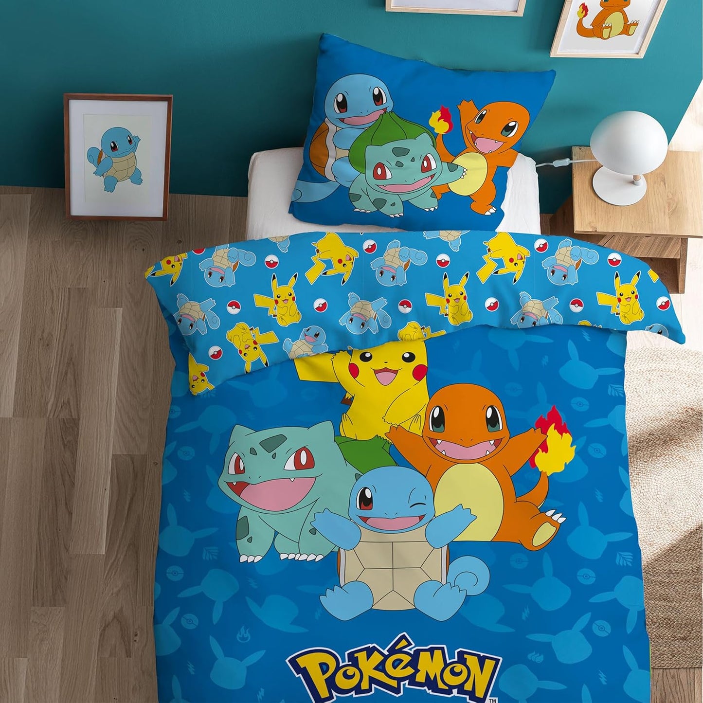 196560 - OMYDREAM Set Çarçafësh për Fëmijë Pokemon Goodbye | Pambuk 100% | Certifikim Oeko-TEX | Mbulesë Jorgani 140x200 cm dhe Mbulesë Jastëku 63x63 cm | Printim Kthyeshëm | Blu