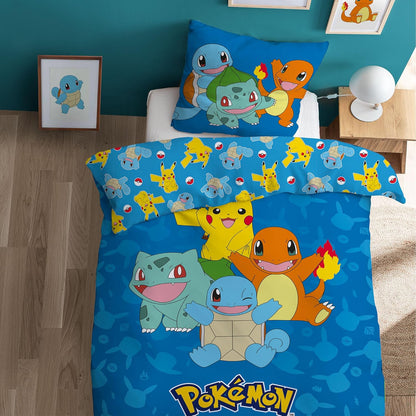 196560 - OMYDREAM Set Çarçafësh për Fëmijë Pokemon Goodbye | Pambuk 100% | Certifikim Oeko-TEX | Mbulesë Jorgani 140x200 cm dhe Mbulesë Jastëku 63x63 cm | Printim Kthyeshëm | Blu