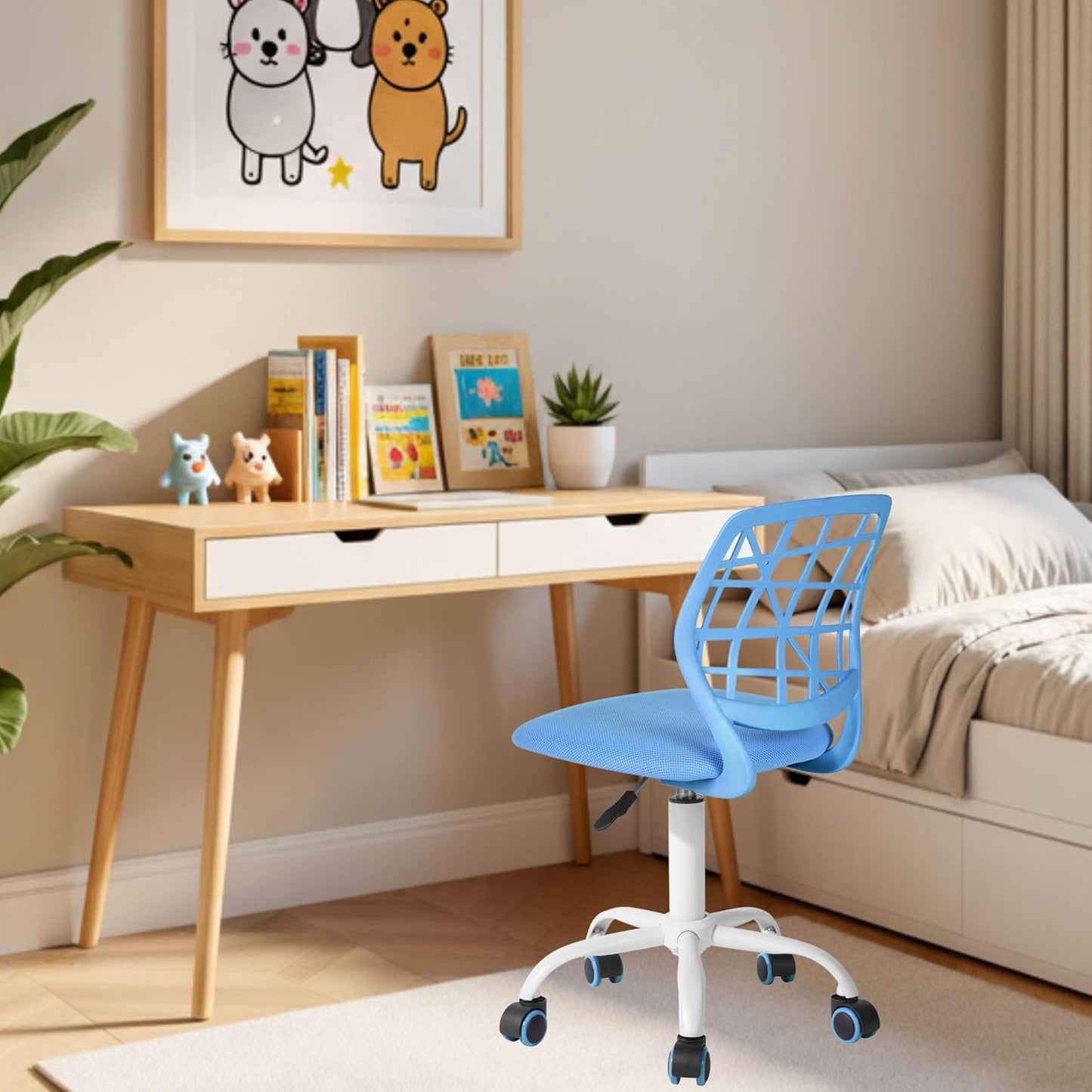 167123 - FURNITURER Karrige Ergonomike për Fëmijë, e Rregullueshme në Lartësi, me Mbështetëse Shpine dhe Krahësh, 5 Rrota, për Fëmijë 3-10 Vjeç, Ngarkesë Maksimale 100kg