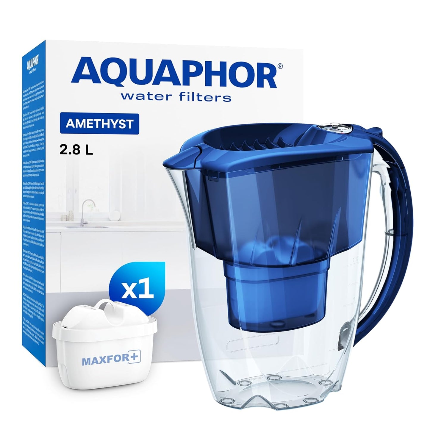 223292 - AQUAPHOR Amethyst Enë filtri uji me kapak rrëshqitës, 2.8 l, përfshirë 1 fishek filtri Maxfor+, blu kobalti