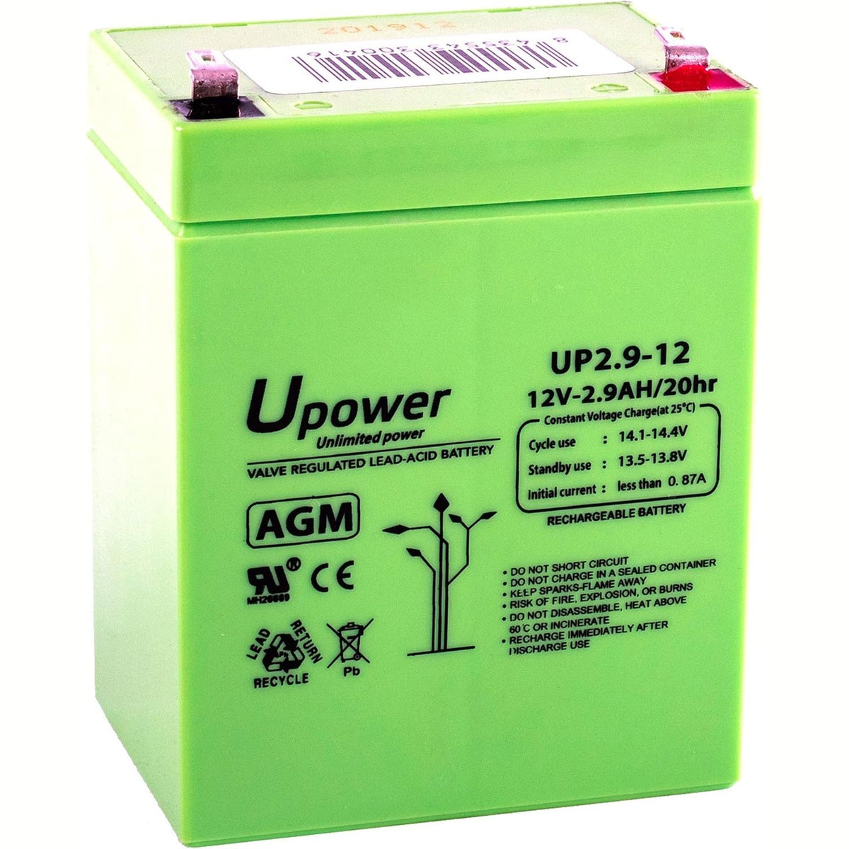 296274 - U-POWER Bateri 12V 2.9Ah AGM - Bateri plumb-acid VRLA e rikarikueshme e mbyllur, Terminal Faston F1 (4.8 mm)