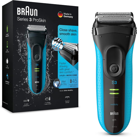 300290 - BRAUN Makinë rroje elektrike Series 3 ProSkin, për flokë të lagur dhe të thatë, 3040s, e zezë/blu