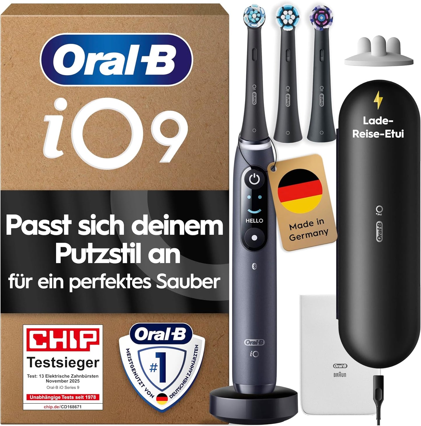 315029 - ORAL-B Furçë dhëmbësh elektrike iO 9, 3 koka furçe zëvendësuese, e zezë, 7 mënyra larjeje, sensor presioni, karikim i shpejtë, çantë mbajtëse