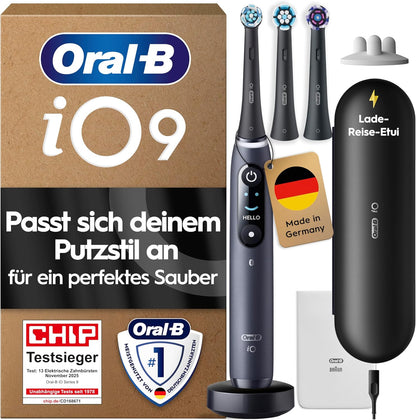 315029 - ORAL-B Furçë dhëmbësh elektrike iO 9, 3 koka furçe zëvendësuese, e zezë, 7 mënyra larjeje, sensor presioni, karikim i shpejtë, çantë mbajtëse