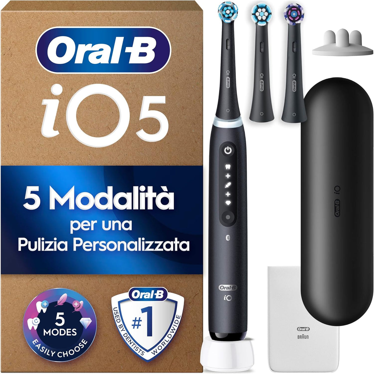 315171 - Furçë dhëmbësh elektrike iO Series 5 Plus Edition, përfshin 3 koka furçe dhe kuti udhëtimi, 5 mënyra pastrimi, e zezë, e projektuar nga Braun