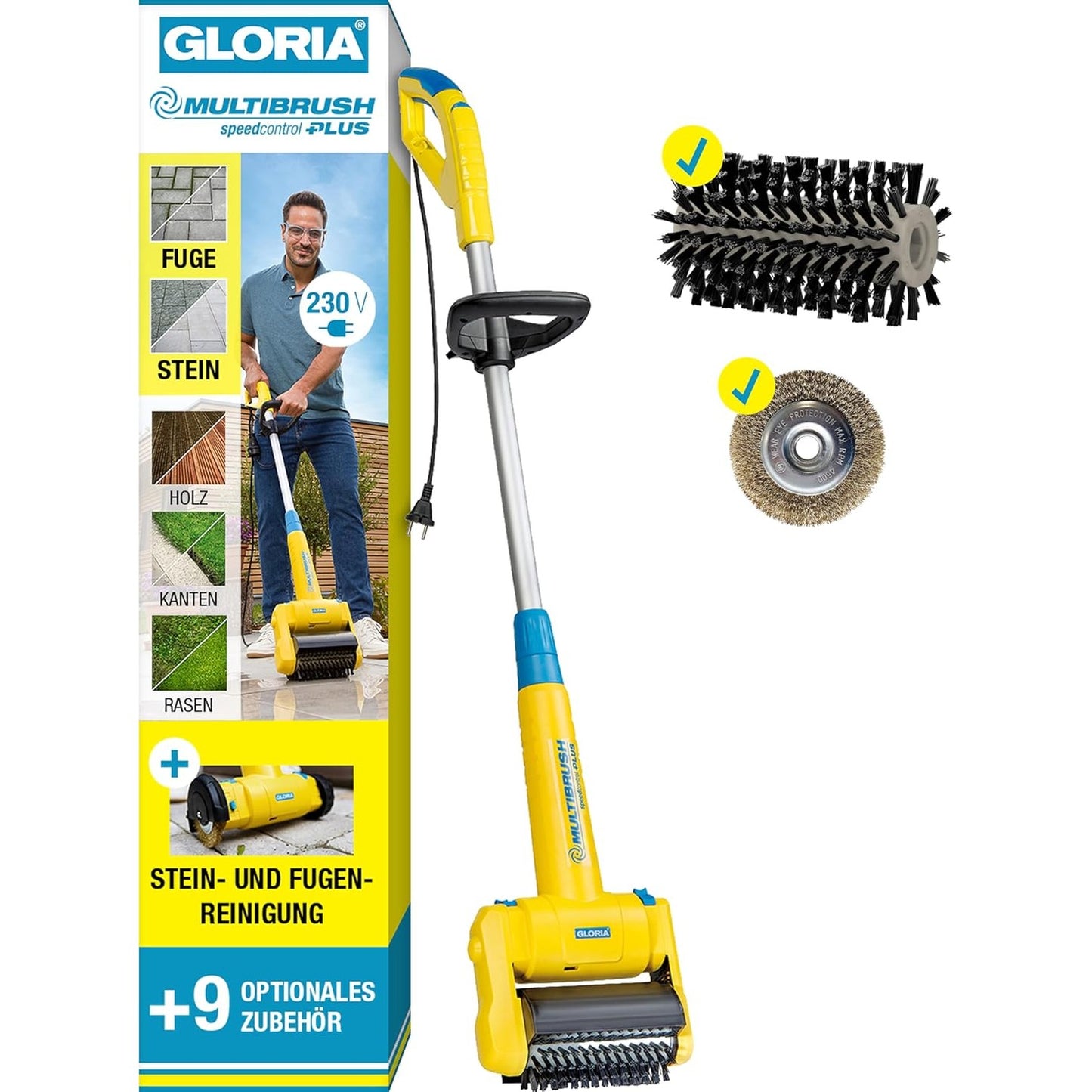250076 - GLORIA MultiBrush speedcontrol PLUS, Furçë elektrike pastrimi për gurë, nyje, dru, skaje dhe lëndina, Furçë sipërfaqesh 11-në-1, Përfshin furçë nyjesh dhe pastrues gurësh