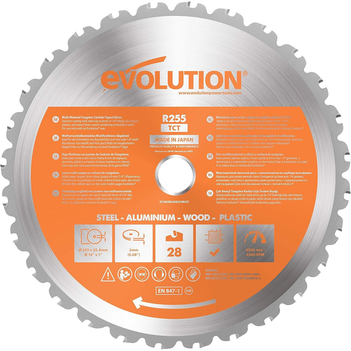 313112 - EVOLUTION POWER TOOLS Teh Tungsteni Karbid për Prerje Shumëmaterialesh, 28 Dhëmbë - 255 mm - R255TCT-28T