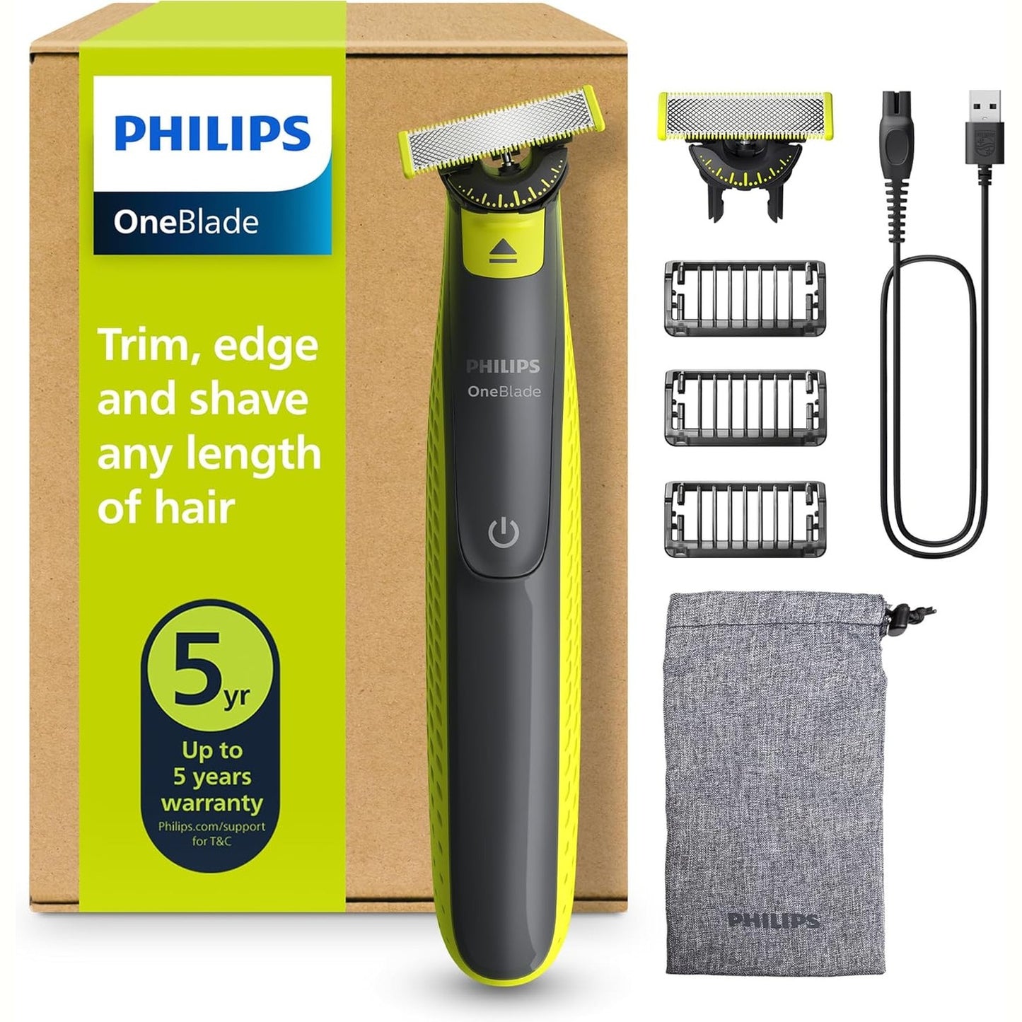 275171 - PHILIPS OneBlade 360 Fytyrë, Makinë rroje dhe prerëse elektrike, 2 tehe 360, 3 aksesorë shkurtimi (1/3/5 mm), rroje e lagësht dhe e thatë, USB e rikarikueshme, për fytyrën (QP2724/31).