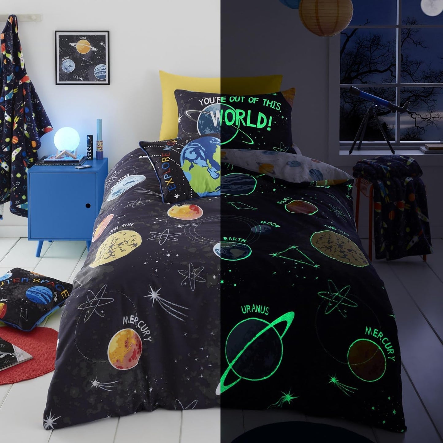 223105 - BEDLAM - Mbulesë Jorgani që Ndriçon në Errësirë - Madhësi e Teke (200 x 140 cm) - E Kthyeshme (2 Dizajne) - Mbulesë Jorgani Galaxy and Planets për Djem - Mbulesë Jorgani Sistemi Diellor Universi - Mbulesë Hapësire